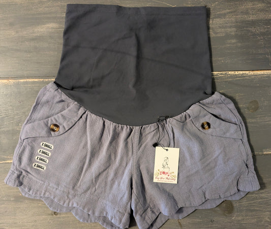 Scalloped trim full panel 3” linen shorts w/pockets, Dusty blue