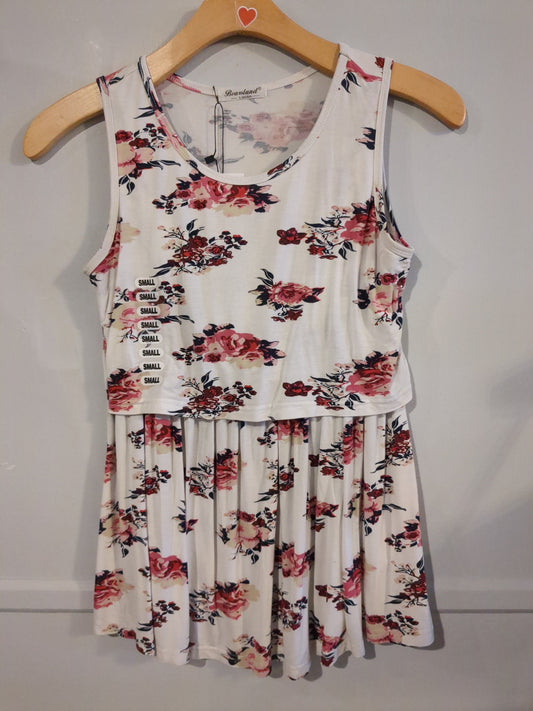 Hidden round neck boxy tank, White florals -NF