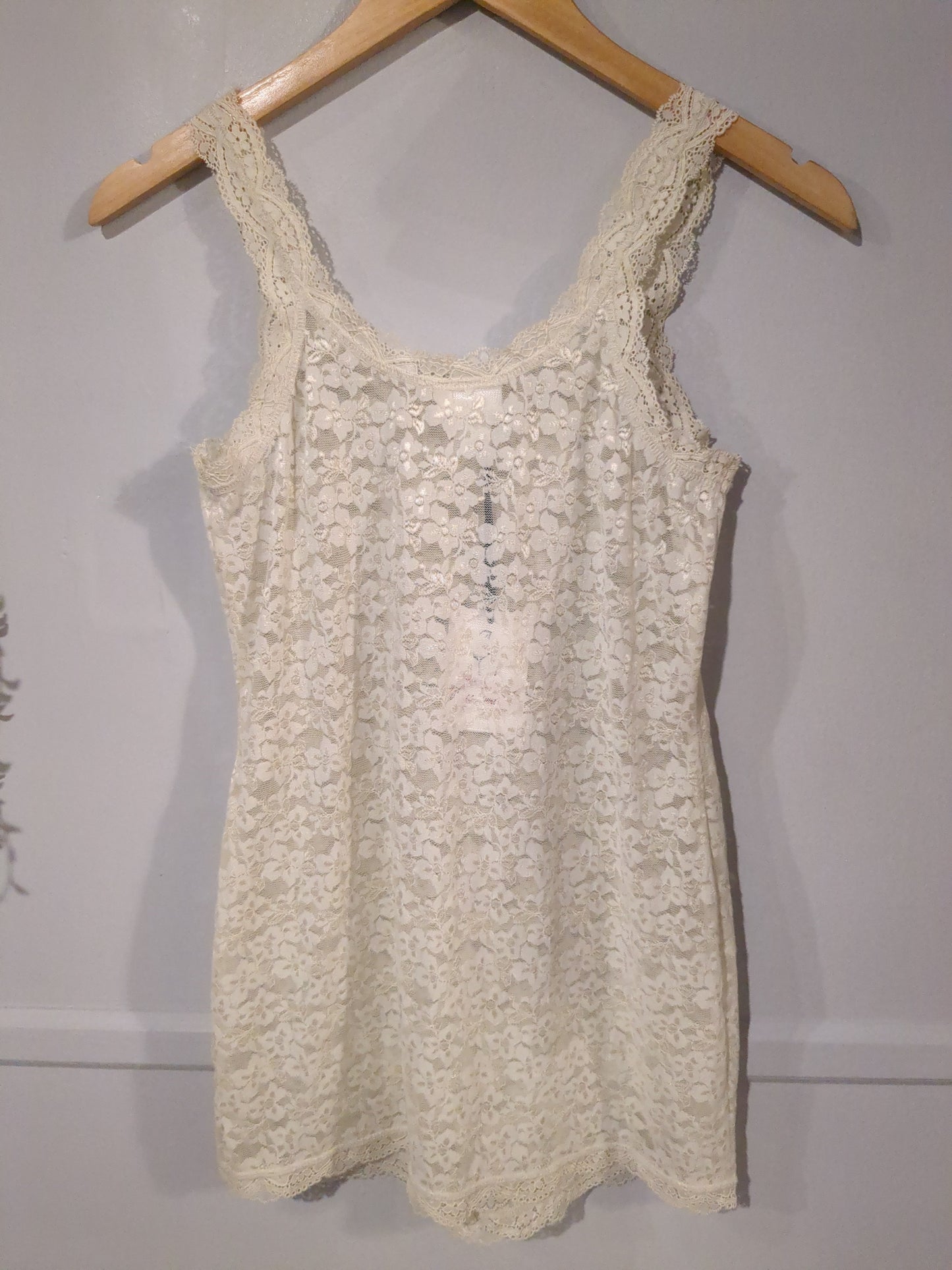 Sheer lace fitted strappy tank, Ivory