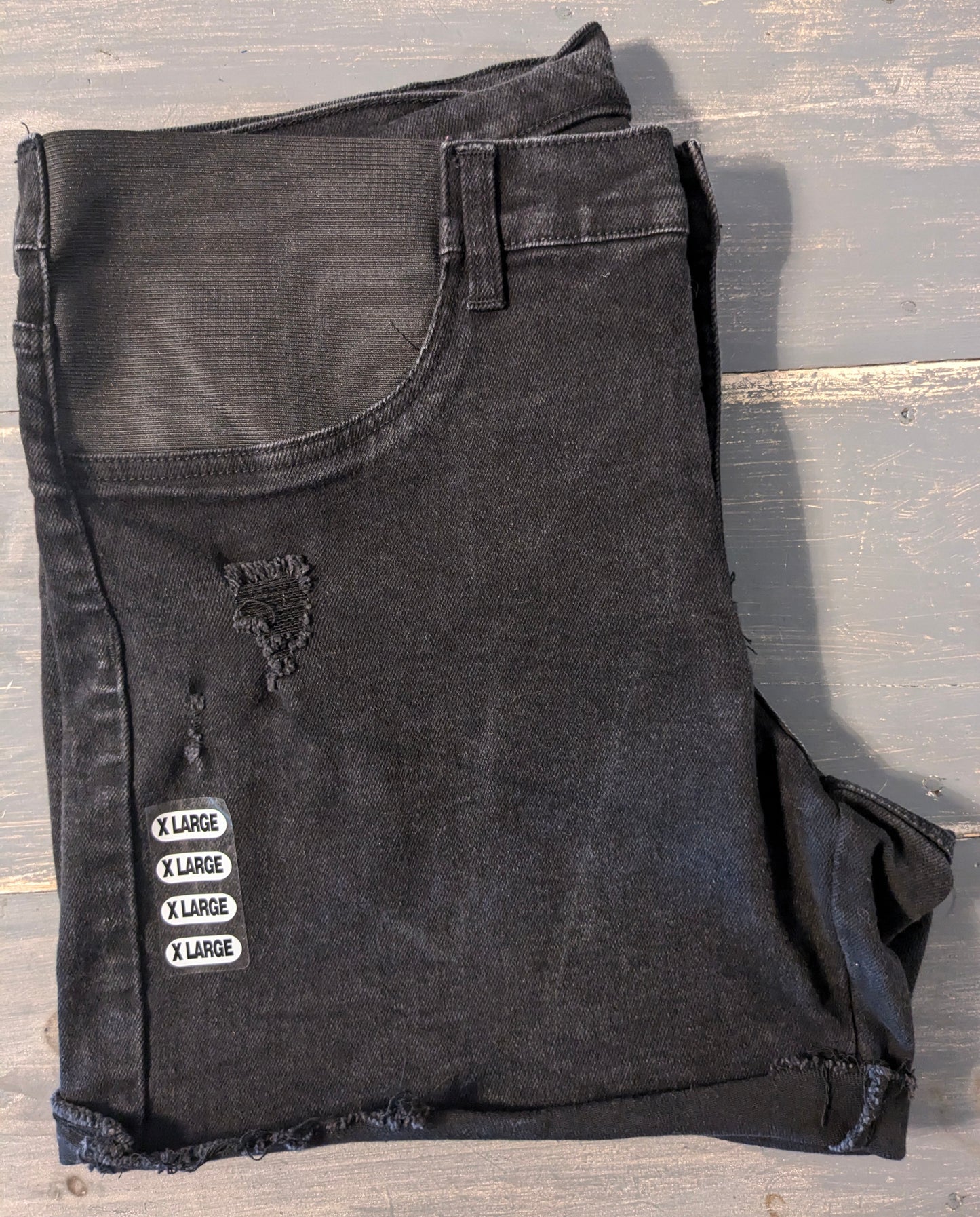 Side panels raw cuffed hem 5" denim shorts, Black wash