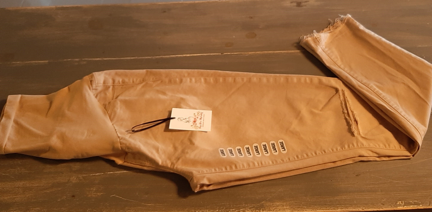 Full panel distressed 28" raw hem skinny jeans, Sand