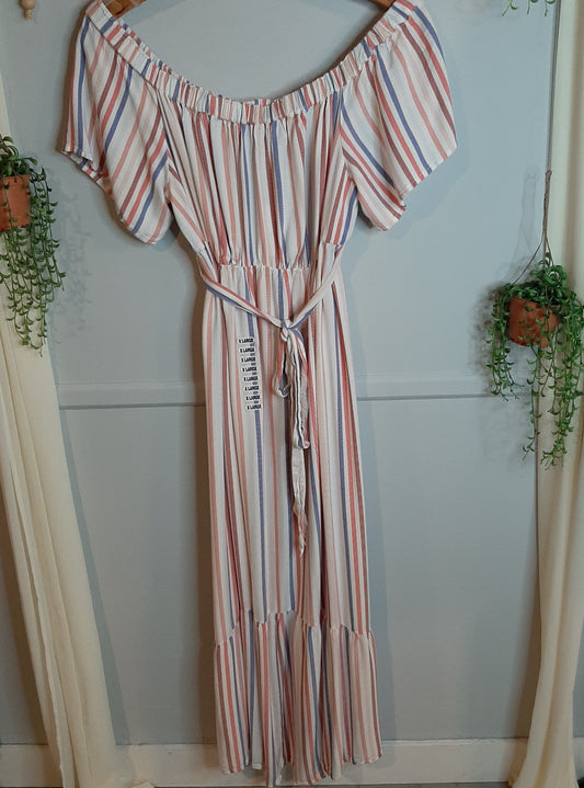Bare shoulder tiered maxi dress, Mauve stripes
