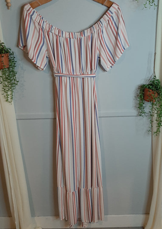 Bare shoulder tiered maxi dress, Mauve stripes