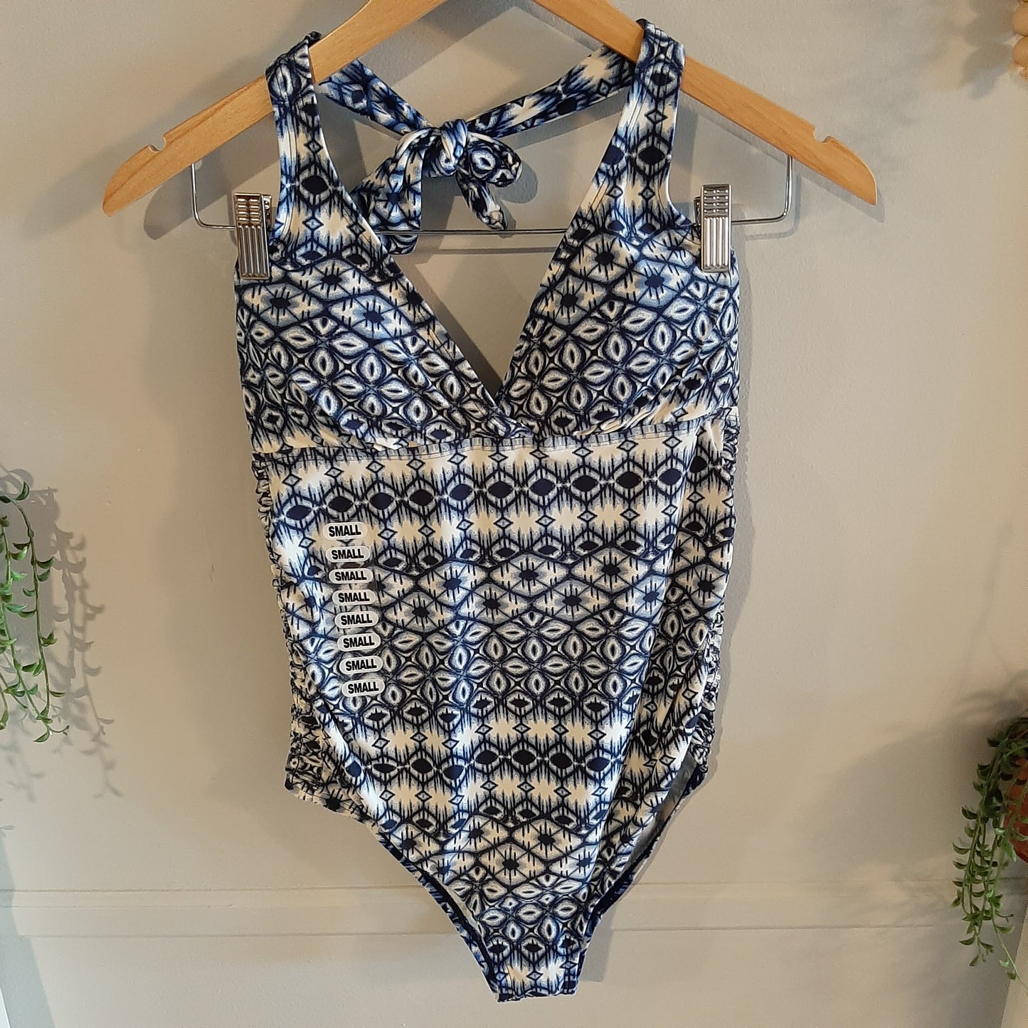 Halter smocked one-piece swimsuit, Blue