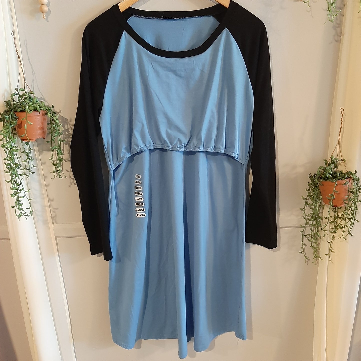Baseball style relaxed LS midi dress, Blue -NF