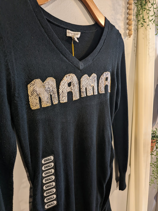 'MAMA' graphic v-neck LS sweater, Black