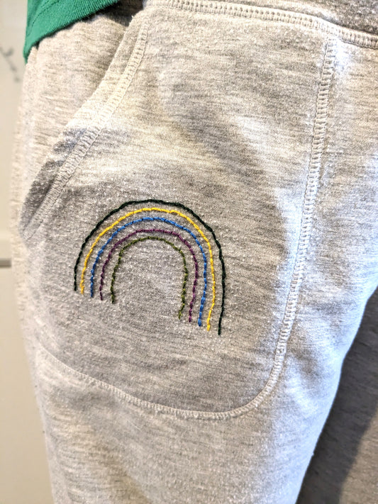 Rainbow embroidered elastic waist cuffed 28" joggers w/ pockets, Grey
