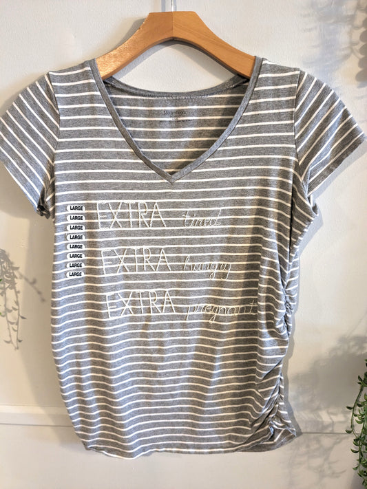 'EXTRA tired EXTRA hungry EXTRA pregnant' embroidered essential SS tee, Grey