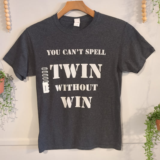 'You can't spell twin without win' graphic SS tee, Charcoal