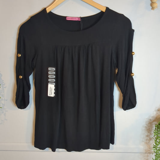 Babydoll round neck 3/4 blouse w/ gold buttons, Black