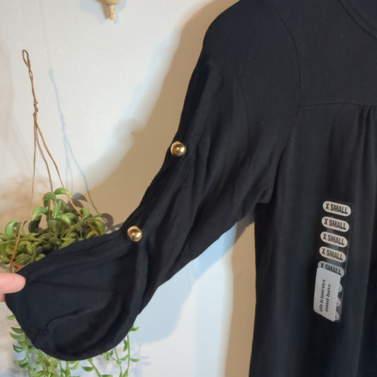 Babydoll round neck 3/4 blouse w/ gold buttons, Black