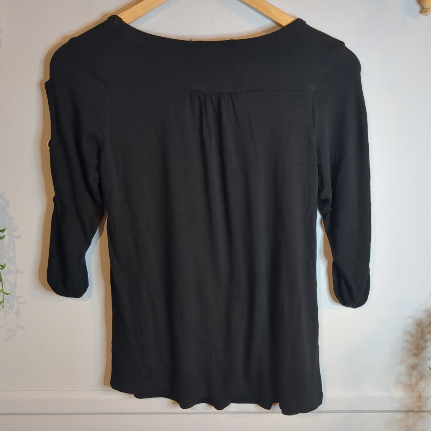 Babydoll round neck 3/4 blouse w/ gold buttons, Black