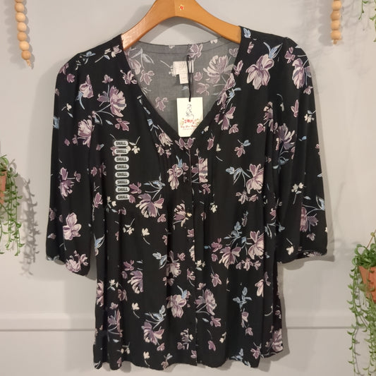 Front pleated floral 3/4 blouse, Black -NF