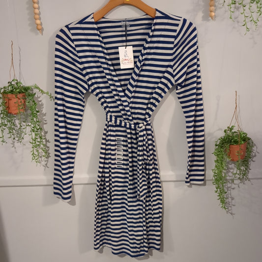 Belted crossover LS robe, Navy stripes -NF