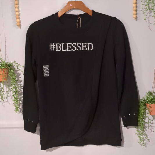 '#blessed' graphic w/ pearls LS nursing crew, Black *brand new* -NF