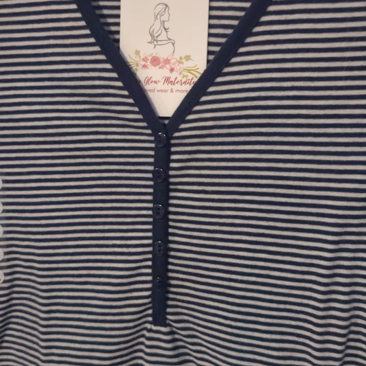 Henley style v-neck fitted SS tee, Navy stripes