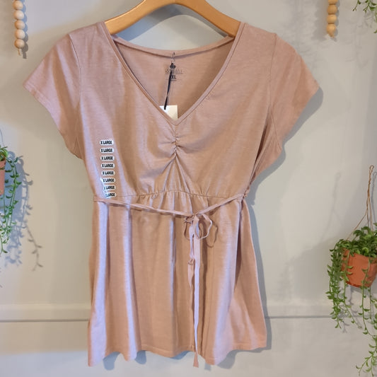 Classic belted cinched v-neck SS top, Blush