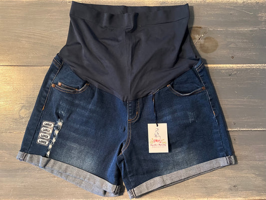 Full panel rolled cuff 5" denim shorts w/pockets, Medium wash