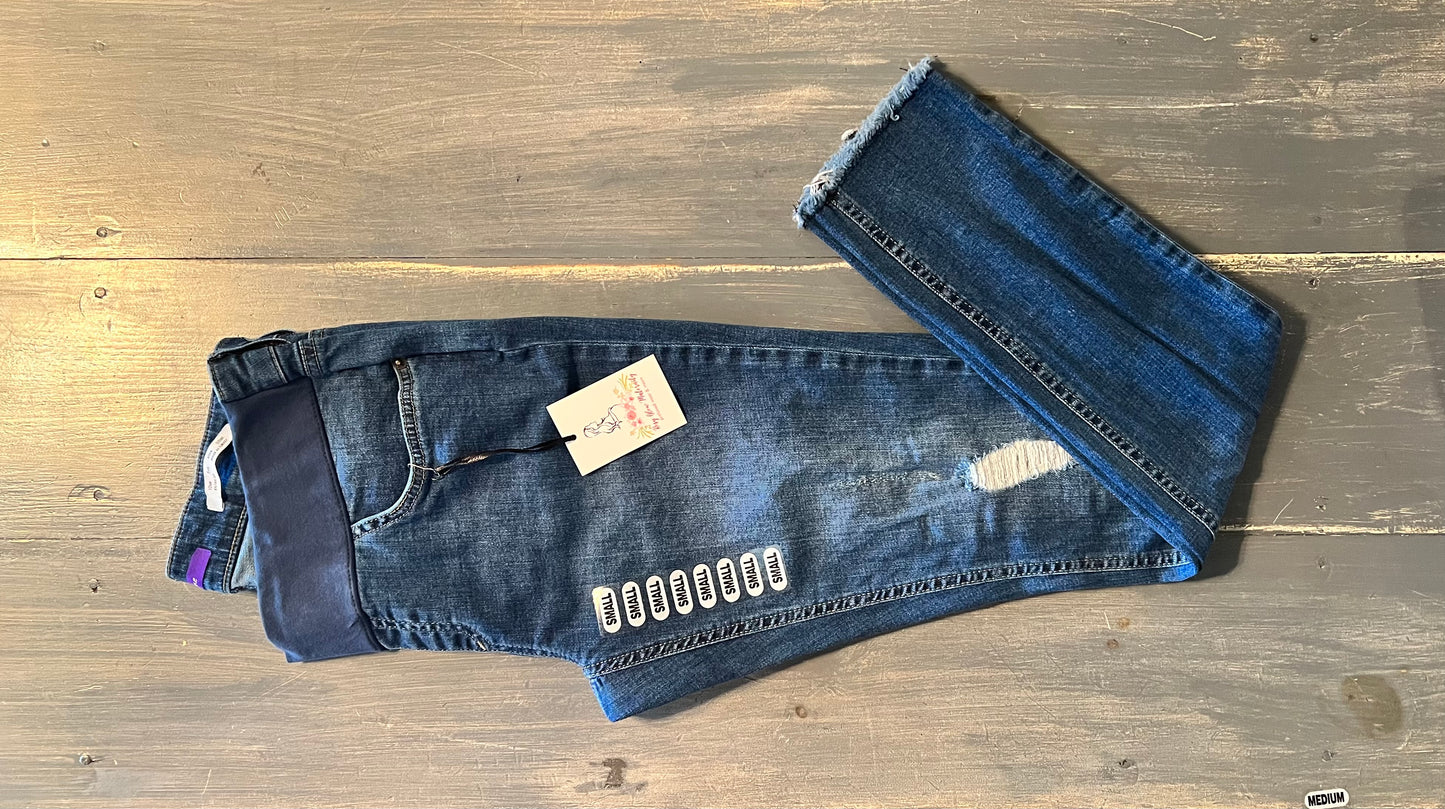 Under-belly panel distressed 29” skinny jeans, Medium wash