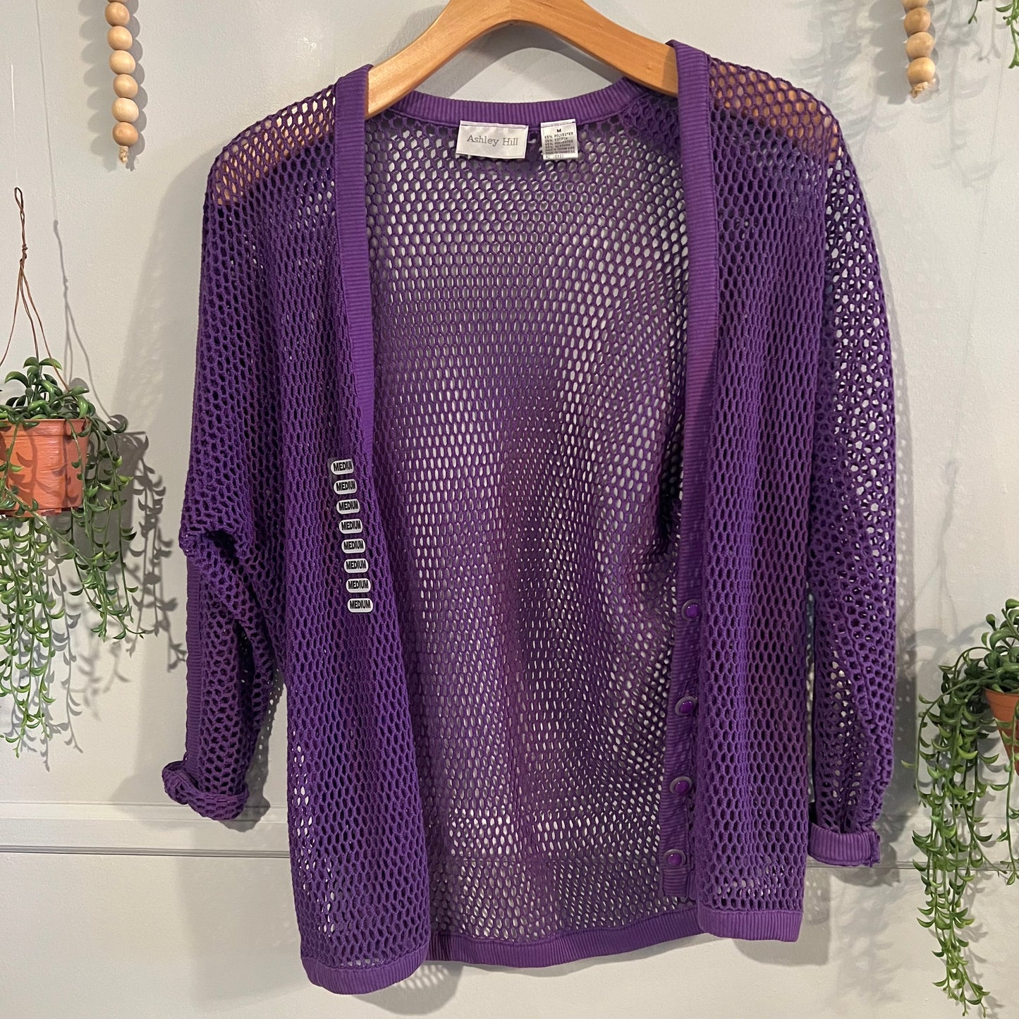 Fishnet open front LS cardigan, Purple -NF