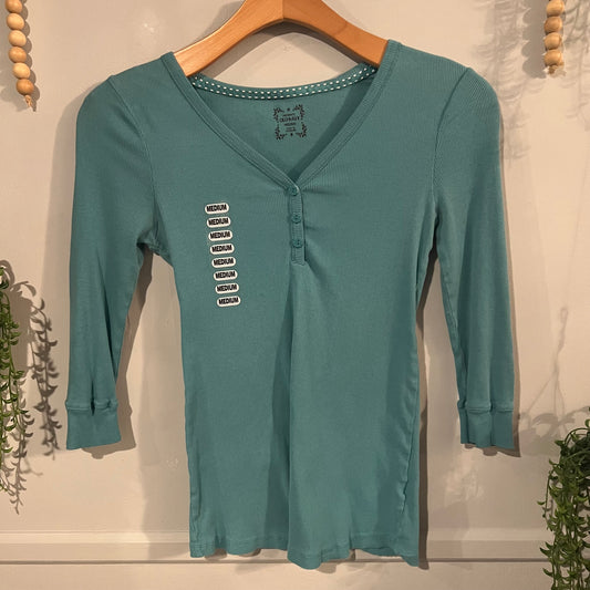 Ribbed knit Henley 3/4 sleeve tee, Teal
