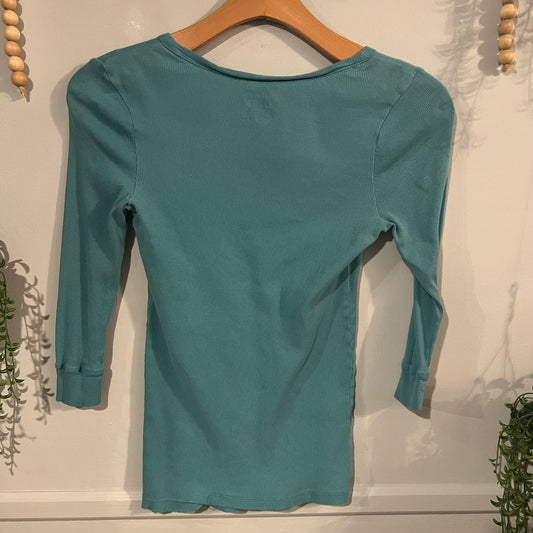 Ribbed knit Henley 3/4 sleeve tee, Teal