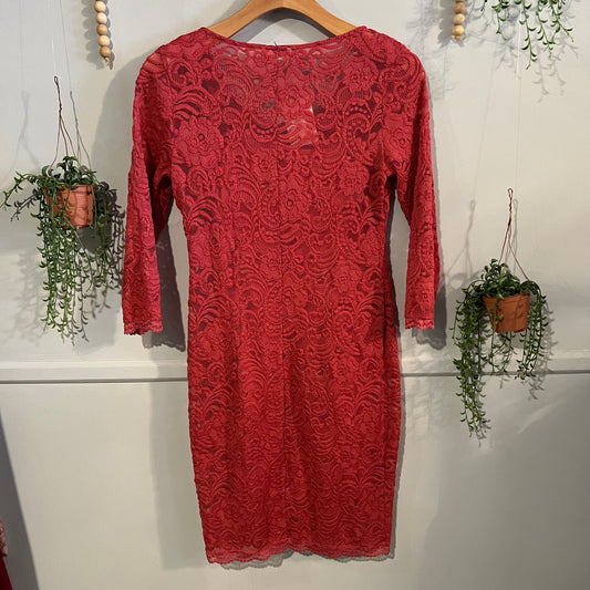 Lace overlay 3/4 sleeve midi dress, Coral