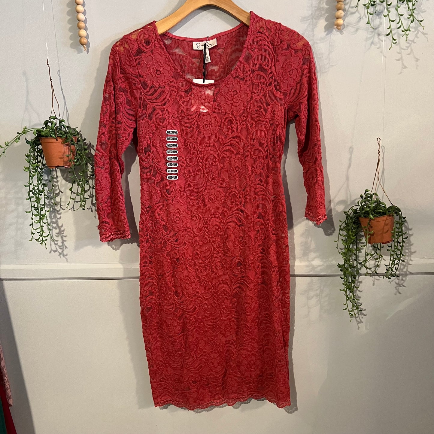 Lace overlay 3/4 sleeve midi dress, Coral