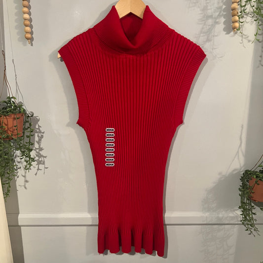 Ribbed knit fitted turtleneck tank, Red