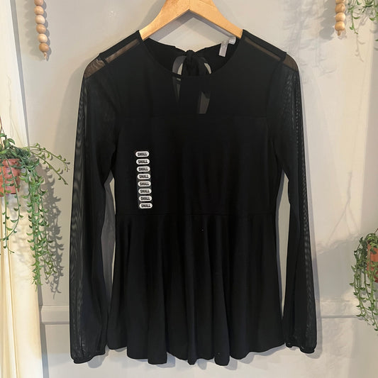 Sheer sleeved round neck blouse, Black