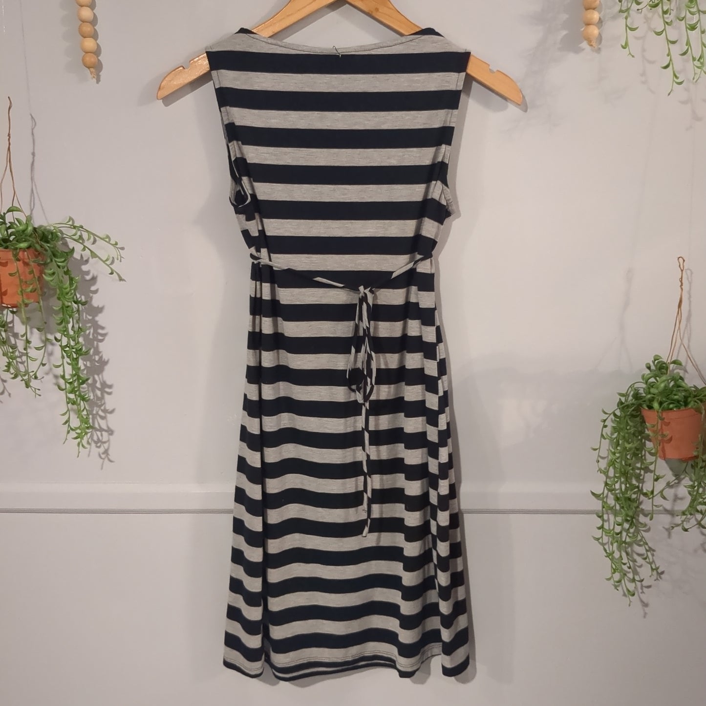 Cinched waist belted tank mini dress, Navy stripes