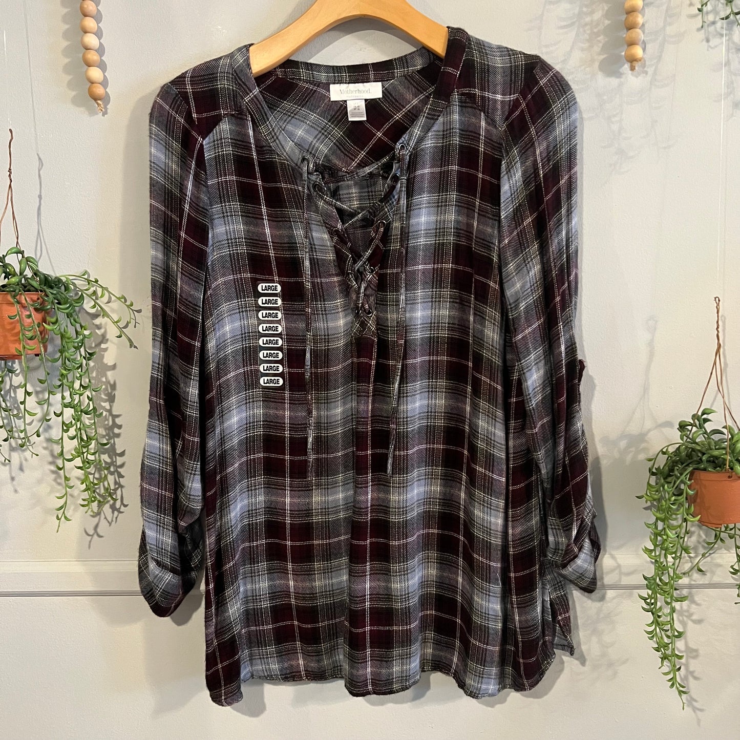 Flannel laced v-neck 3/4 blouse, Maroon