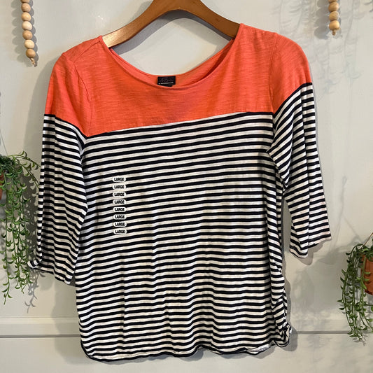 Classic striped round neck fitted LS tee, Coral