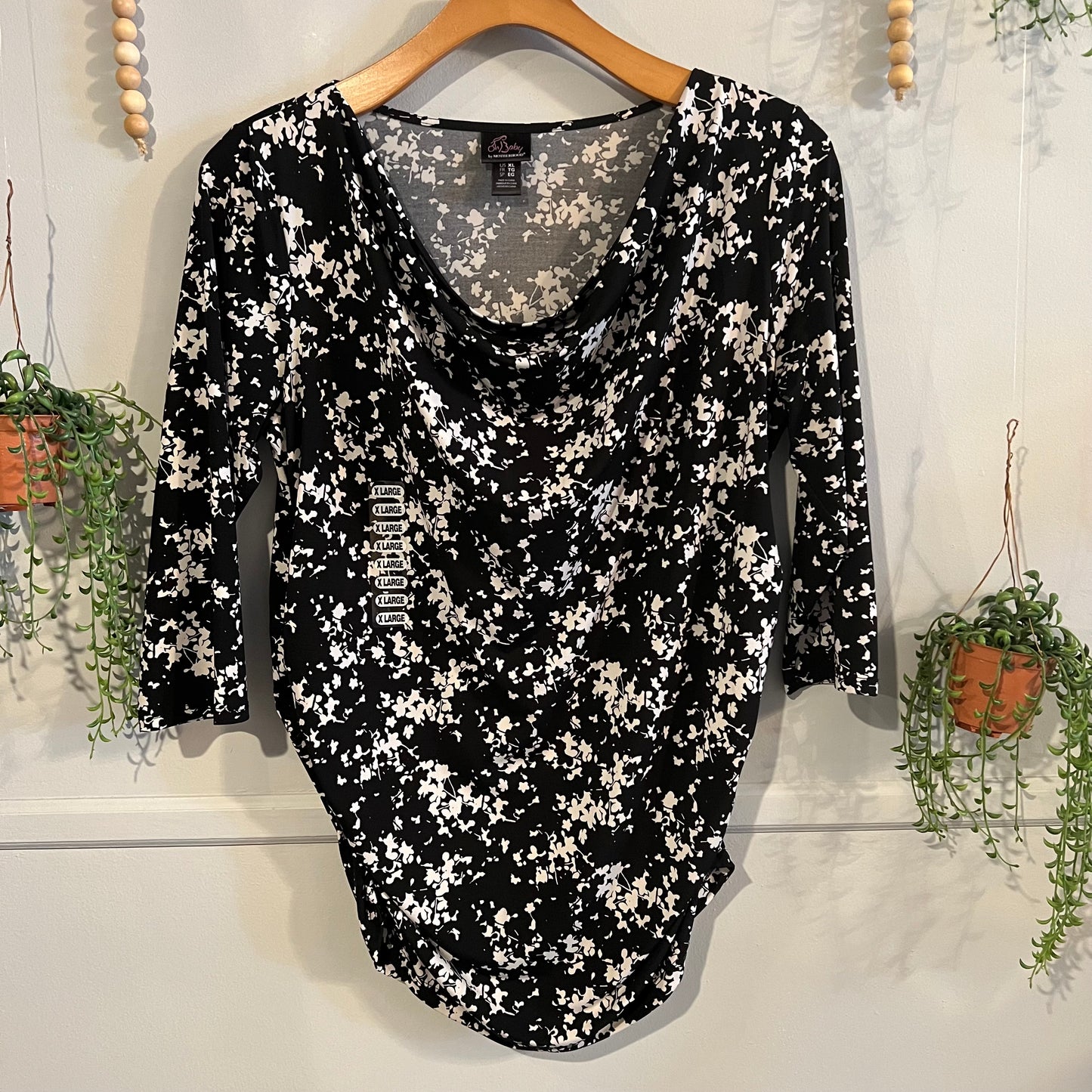 Floral cowl neck 3/4 sleeve blouse, Black