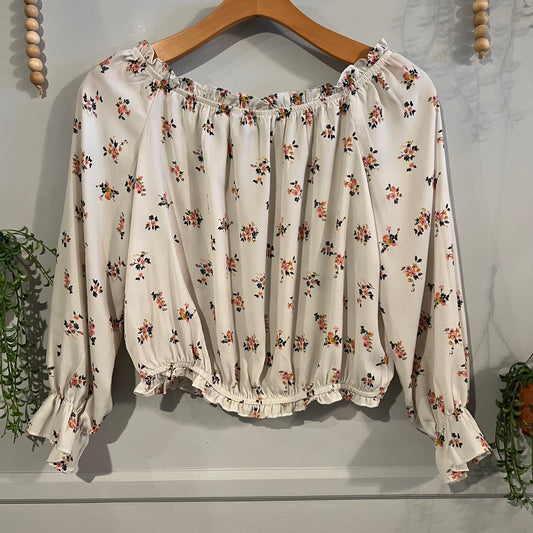 Boho florals cinched LS crop top, Cream