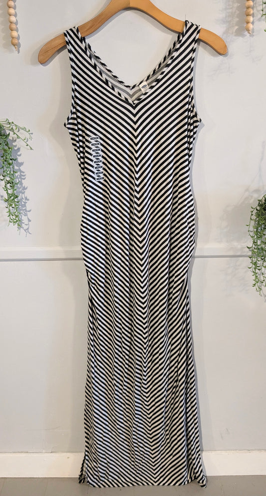Dual side slits fitted maxi tank dress, Navy stripes