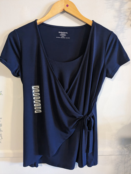Faux wrap v-neck SS blouse, Navy -NF
