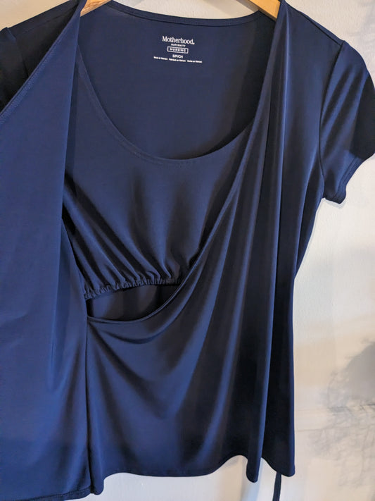 Faux wrap v-neck SS blouse, Navy -NF