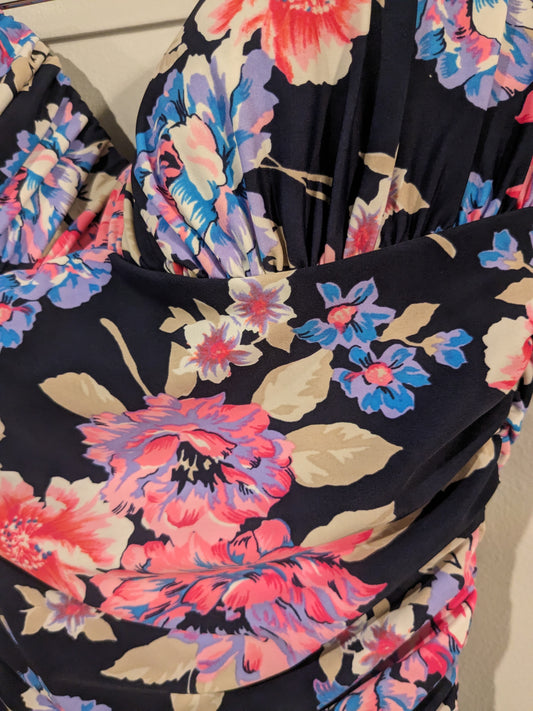 Strapless florals one-piece swimsuit, Navy