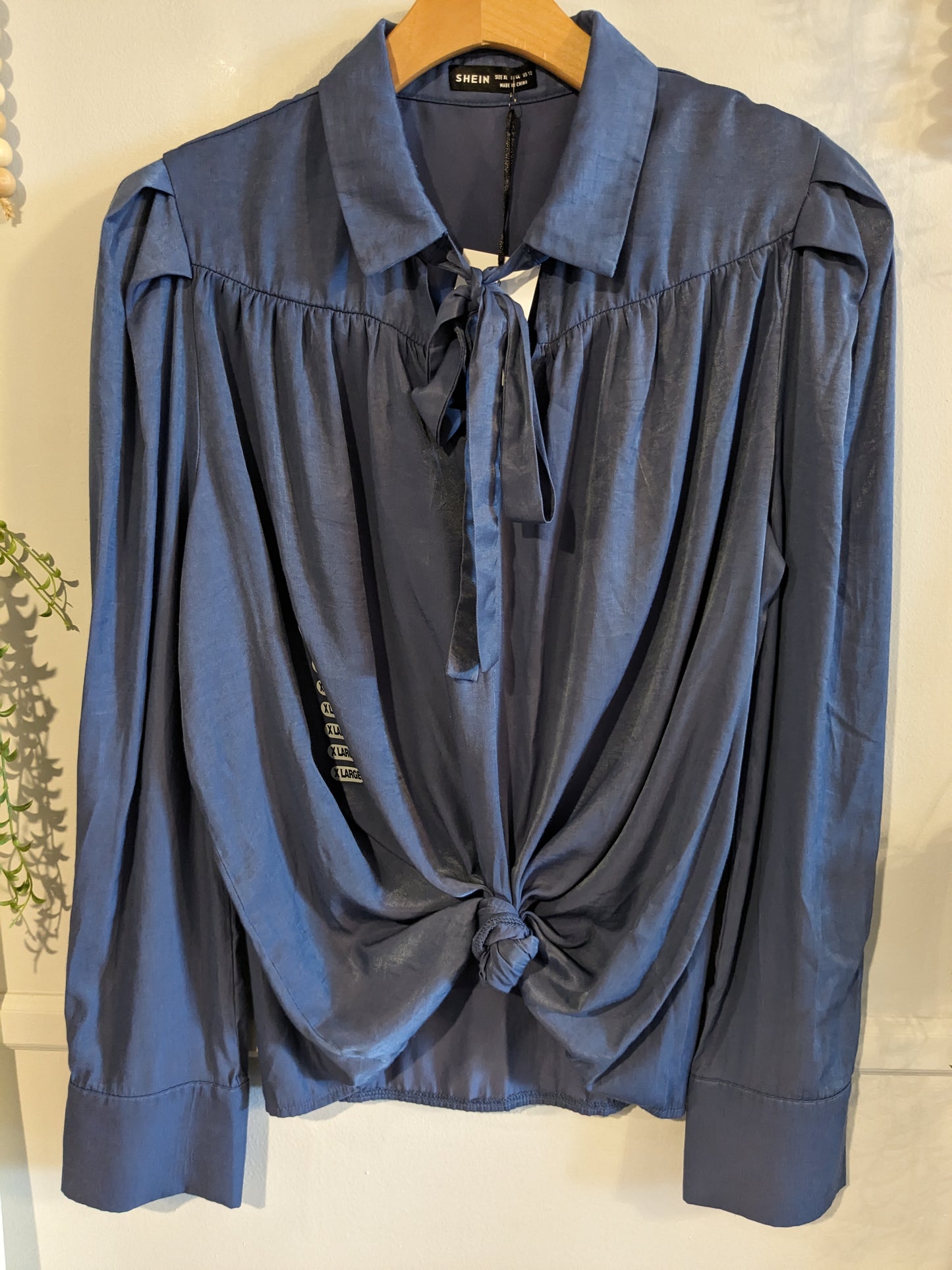 Tied neck pleated LS blouse, Dusty blue
