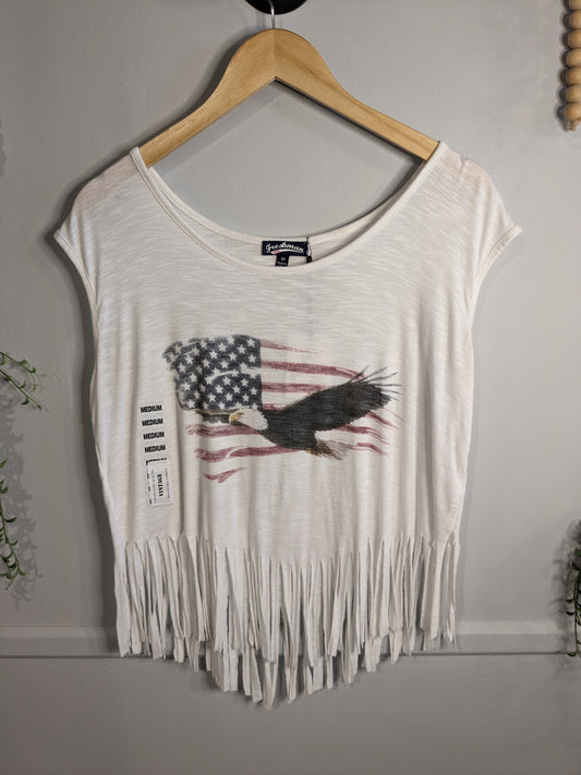 Eagle flag fringe no-sleeve tee, White