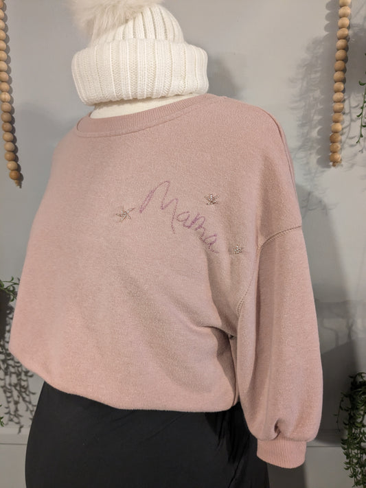 'MAMA' beaded hand-embroidered SS crew, Blush