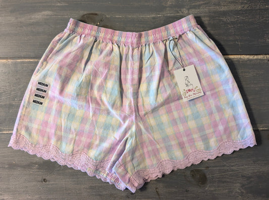 Cotton lace trim stretchy waist 3" lounge shorts, Pink plaid