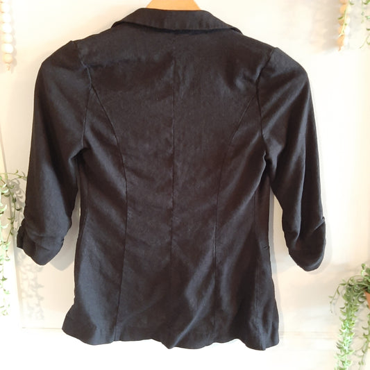 Fitted cinched sleeve linen jacket, Black