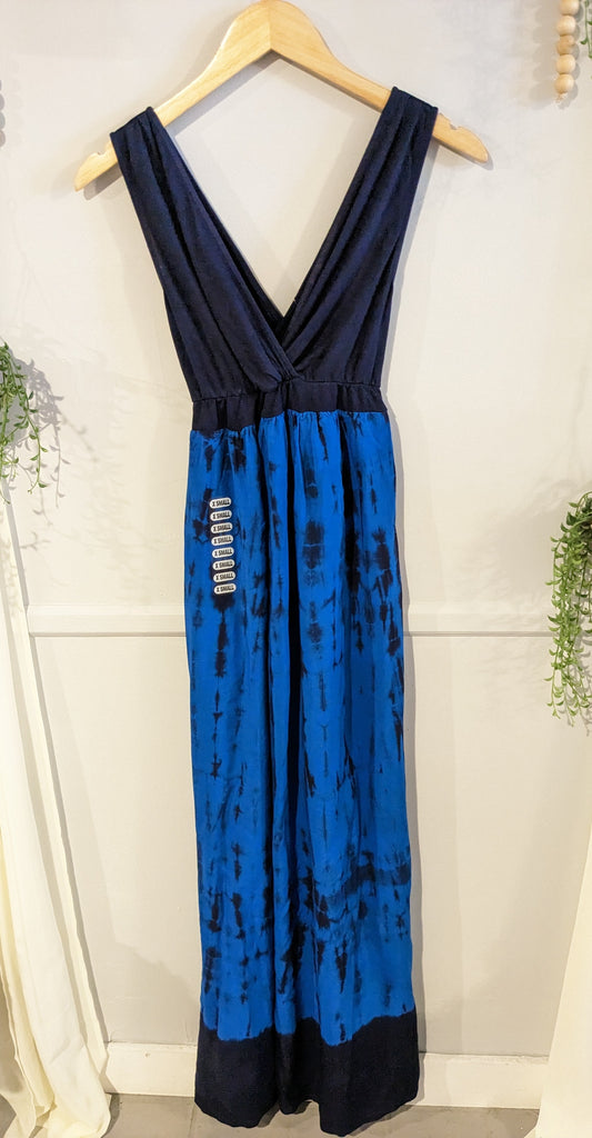Double v-neck tank maxi dress, Navy tie-dye -NF
