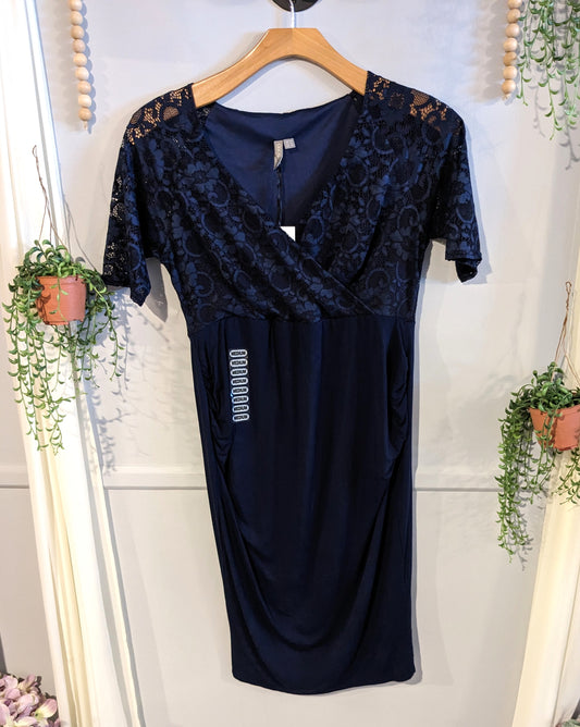 Fitted lace bodice SS midi dress, Navy