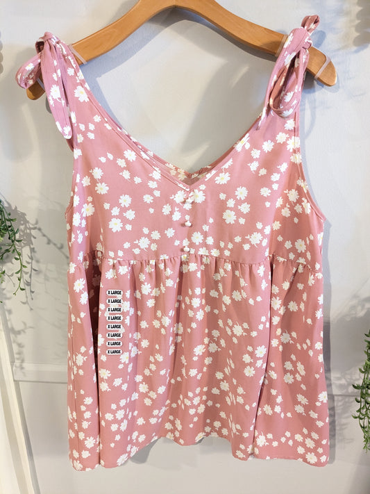 Flowy tied shoulders double v-neck tank, Blush blooms