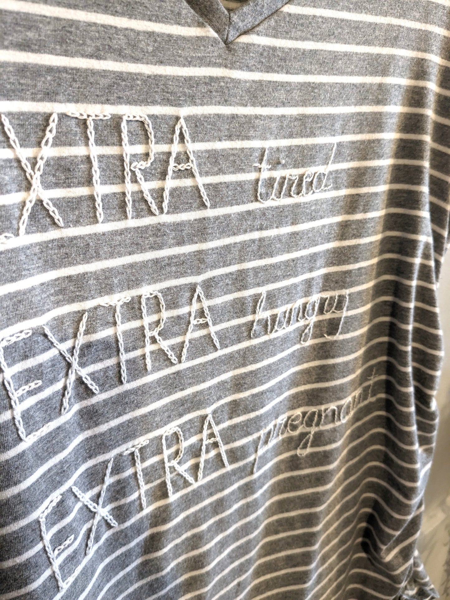 'EXTRA tired EXTRA hungry EXTRA pregnant' embroidered essential SS tee, Grey