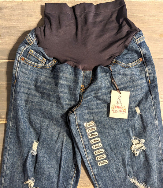 Full panel 28" distressed raw hem OG straight leg jeans, Medium wash